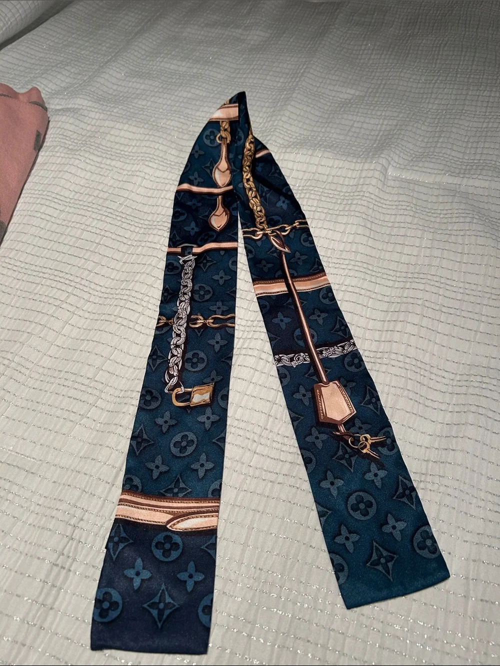 Silk Twilly Scarf in Navy with Gold Chain Print
